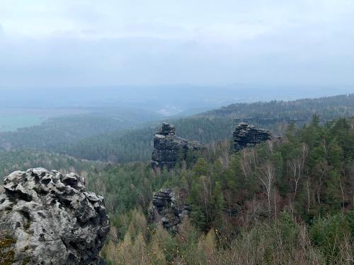 Blick auf einen Berg mit Felsen und Bäumen in der Unterkunft Ferienwohnung am Malerweg in Königstein an der Elbe