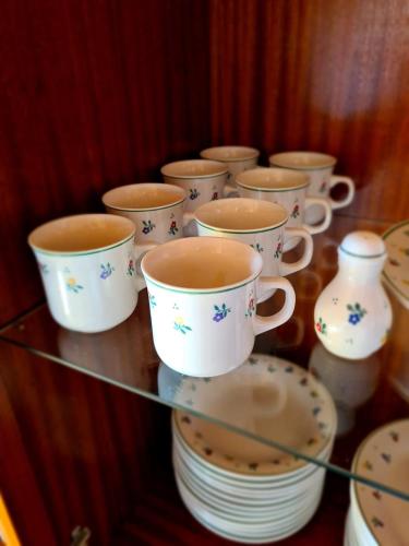 a group of cups and plates on a glass shelf at Charmantes Ferienhaus am Waldrand in Karlstift