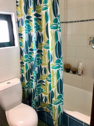 a bathroom with a toilet and a shower curtain at Villa Smaragdi-Despoina in Malona Village