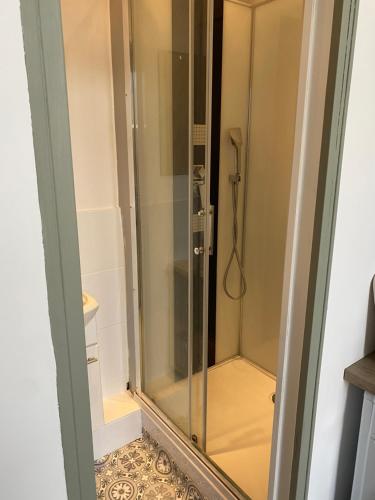 une douche avec une porte vitrée dans une salle de bain dans l'établissement Appart wimereux centre, à Wimereux