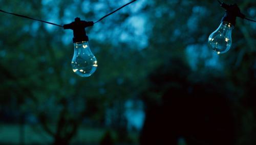 two lights hanging from a wire with trees in the background at Bed & Breakfast Neeltje Soet in Mierlo