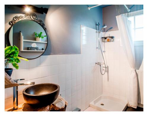 a bathroom with a bowl sink and a shower at Chambre soignée et accueillante à la campagne - Ch Rouge in L Honor De Cos