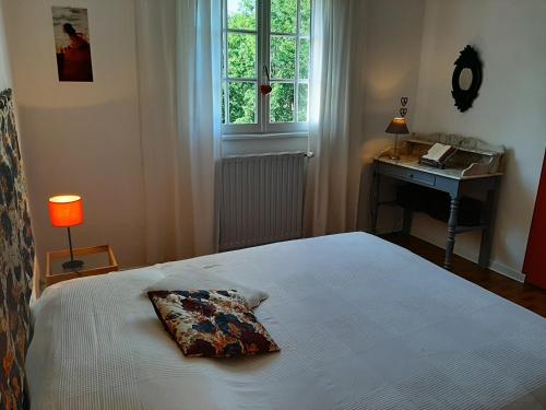 - une chambre avec un lit avec un oreiller et un bureau dans l'établissement Chambre soignée et accueillante à la campagne - Ch Rouge, à L Honor De Cos