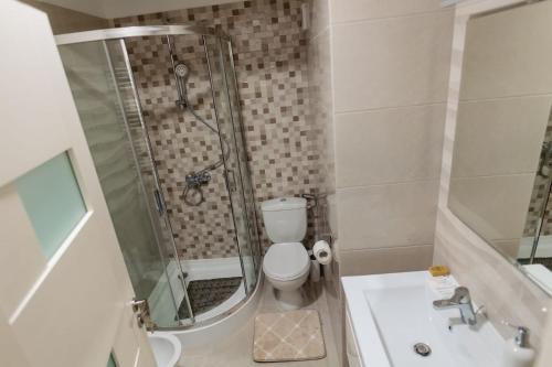a bathroom with a shower and a toilet and a sink at Home sweet home 2 in Bacău