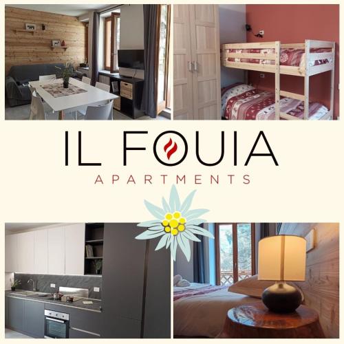 a collage of photos of a bedroom and a room at Il Fouia Apartments in Pragelato