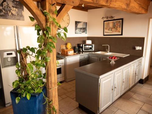 eine Küche mit einer schwarzen Arbeitsplatte in einem Zimmer in der Unterkunft GITE Les Aubues in Lormes