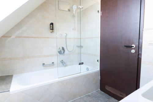 a bathroom with a shower with a glass door at Hotel Astoria am Urachplatz in Stuttgart