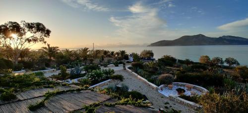 a garden with a view of the water and a mountain at Anemomylos Houses in Koufonisia