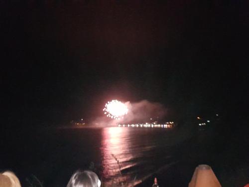 a firework in the sky over the water at night at Cabańas de La Ochi in Niebla