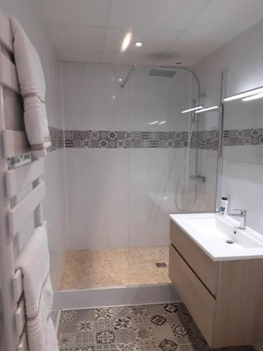 une salle de bain blanche avec une douche et un lavabo dans l'établissement T2 Cosy 42m² Hypercentre St Patern Vannes, à Vannes