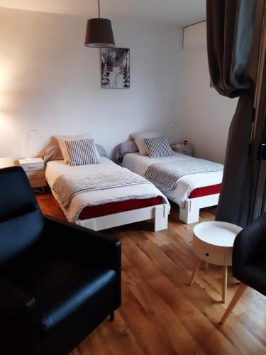un salon avec deux lits et un canapé dans l'établissement Studio calme rénové parking proche centre et thermes, à Aix-les-Bains