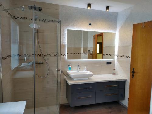 a bathroom with a sink and a shower at Ferienhaus Rosental in Wanfried