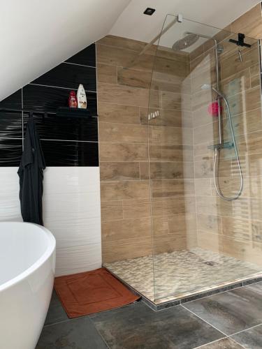 baño con ducha y puerta de cristal en Appartement 3 chambres centre ville et 100m de la mer, en Concarneau