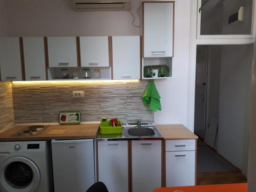 a kitchen with a sink and a washing machine at cozy hikers flat in Belgrade