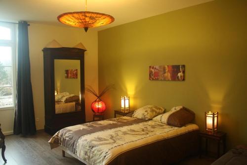 DuravelにあるLe Clos de la Salamandreのベッドルーム(ベッド1台、鏡、照明付)
