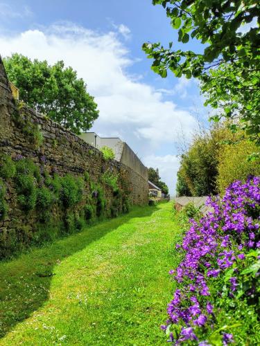 un mur en pierre avec des fleurs violettes sur son côté dans l'établissement L'Océan à 100m via une venelle privée, la Ville Close à 500m, l'Archipel des Glénan à l'horizon, à Concarneau