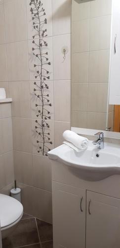 a bathroom with a shower with a sink and a toilet at Antea in Split