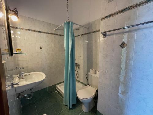 y baño con aseo, lavabo y ducha. en Nafplia Hotel, en Nauplia