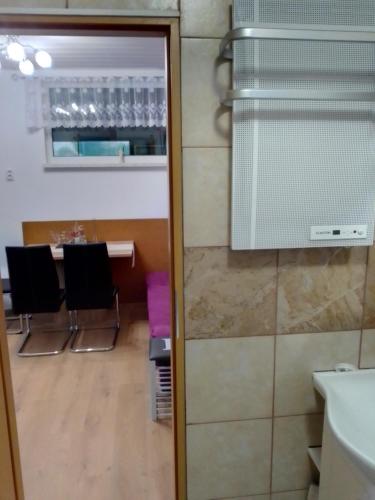 a room with a table and chairs and a mirror at Studio apartman Šafarić in Sveti Martin na Muri