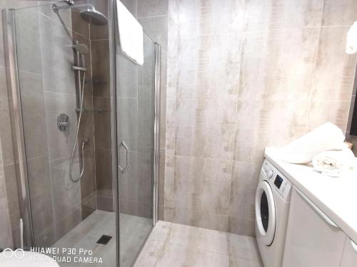 a shower with a glass door in a bathroom at Apartment Orlando Torviscas Bajo in Adeje