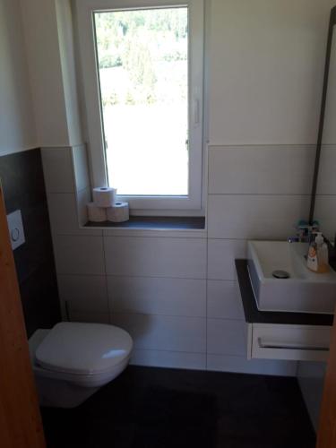 a bathroom with a toilet and a sink and a window at Nico's Place in Jenig