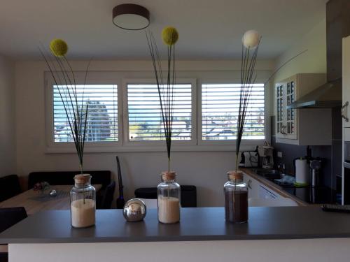 a kitchen with three glass jars with flowers in them at Nico's Place in Jenig