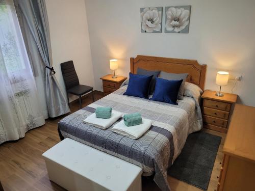 - une chambre avec un grand lit et des oreillers bleus dans l'établissement Gamioa-ttiki, à Arráyoz