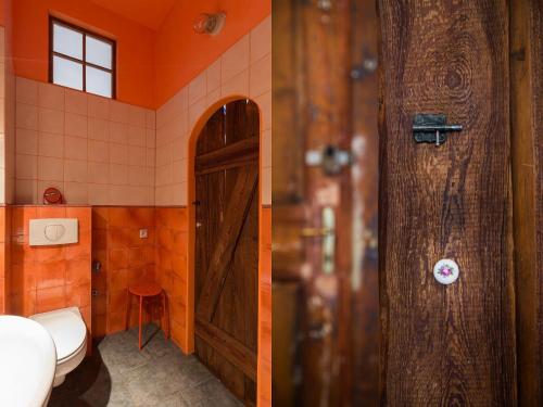 a bathroom with a toilet and a wooden door at Nicholas Studio in Krakow