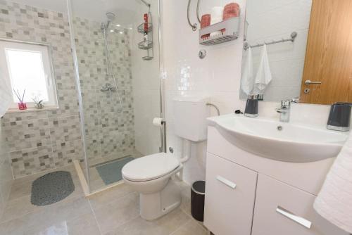 a bathroom with a toilet and a sink and a shower at Bonaca in Rogotin