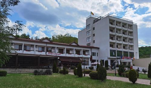 um hotel com um edifício branco ao lado de um parque em Hotel Spa Cazino Monteoru em Sarata-Monteoru