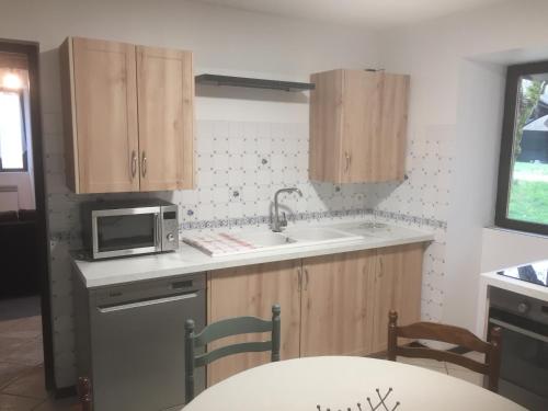 une cuisine avec un évier et un micro-ondes dans l'établissement Maison 5 pièces dans hameau pittoresque très calme, à Payrac