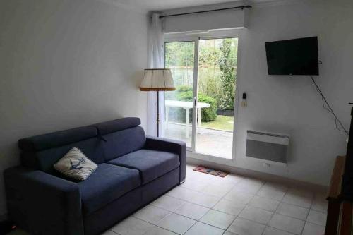 a living room with a blue couch and a television at Appart proche plage pied dans l'eau avec terrasse jardin vue sur le bassin depuis la terrasse in Arcachon