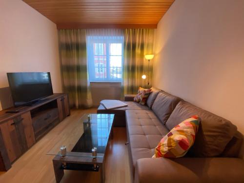 a living room with a couch and a television at ALTSTADT-APARTMENTS Bad Radkersburg - Ihr Zuhause auf Reisen in Bad Radkersburg