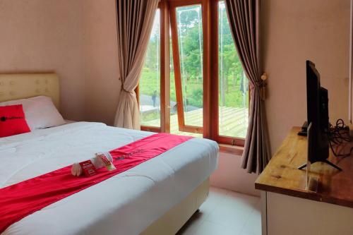 1 dormitorio con 1 cama, TV y ventana en RedDoorz near Agrowisata Kebun Teh Dieng, en Wonosobo