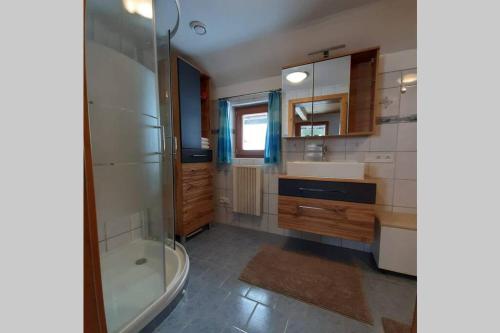 a bathroom with a shower and a sink and a tub at Haus Fritz - Erholung in den Bergen in Donnersbachwald