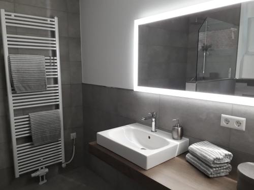 een badkamer met een witte wastafel en een spiegel bij Ferienwohnung Kurpark in Xanten