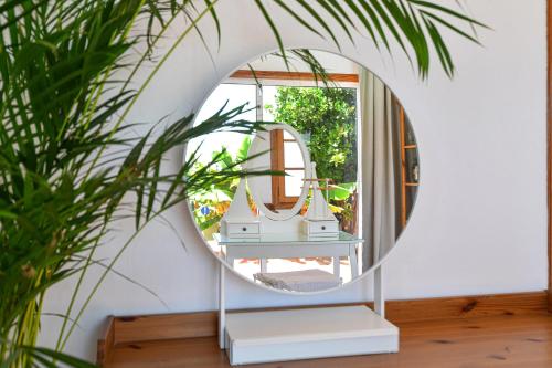 a mirror on a table in front of a plant at Villa Alex in Puerto del Carmen