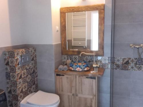 bagno con servizi igienici, lavandino e specchio di Apartament Gościnne Sady a Malbork