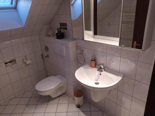 a white bathroom with a toilet and a sink at City FeWo in Schwelm