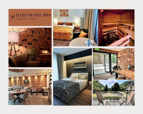 a collage of photos of a hotel room at Harz hotel Iris in Sieber