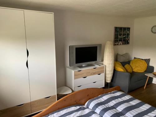 a living room with a television and a couch at FeWo Martha in Zinnowitz