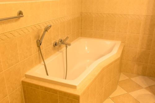 a bath tub with a shower in a bathroom at Hotel VÍTKOVA HORA in Karlovy Vary