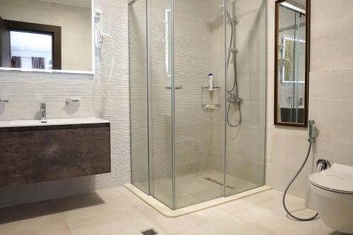 a bathroom with a glass shower and a toilet at Al Hayat Apartments in Vogošća