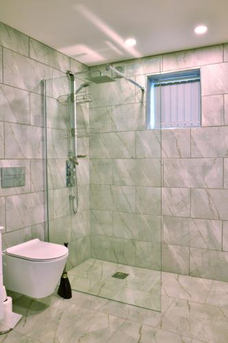 a bathroom with a toilet and a glass shower at Blue Watch in Lochaline