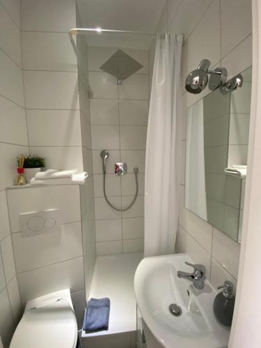 a bathroom with a shower and a toilet and a sink at Prime Host Smart Apartments in Karlsruhe