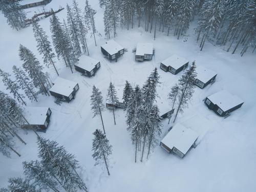 a group of lodges covered in snow at Hotel Björnson & Björnson TREE HOUSES Jasná in Demanovska Dolina