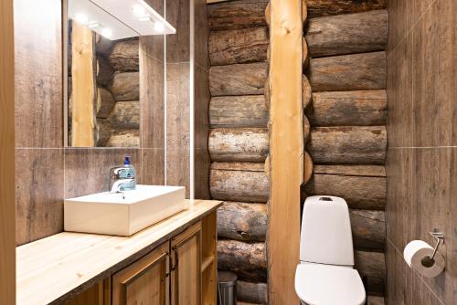 een badkamer met een wastafel en een houten muur bij Polar Aurora Cabins in Saariselkä
