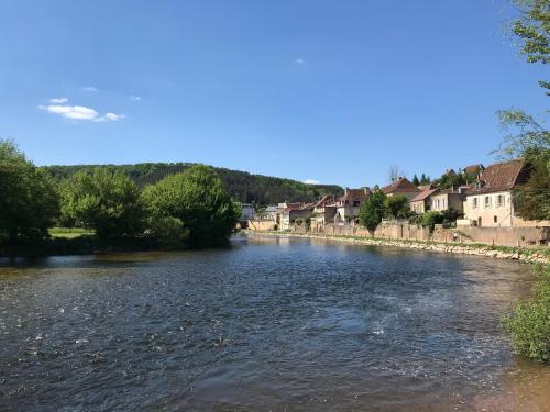 une rivière dans une ville avec des maisons et des bâtiments dans l'établissement Gite BR Al Buga, au Bugue