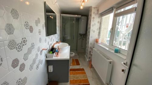 a bathroom with a sink and a shower with a window at Ca acasa Corbu 2 in Corbu