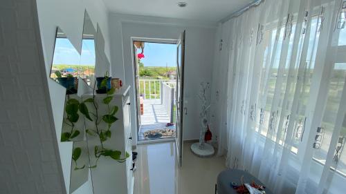 a hallway with white walls and a door with a plant at Ca acasă Corbu in Corbu
